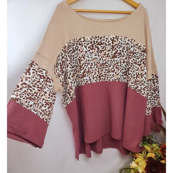 Umgee Top Plus Size 1X Mixed Leopard Print Boho Peasant Thermal Shirt 1 1XL - Picture 7 of 7